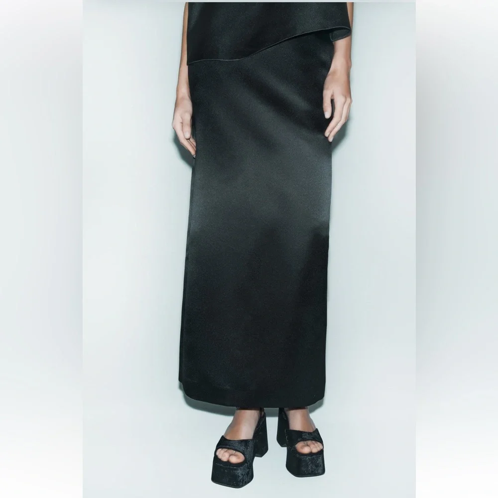Zara Black Satin Effect high waist Midi Skirt Back Slit Limited Edition XS NWT